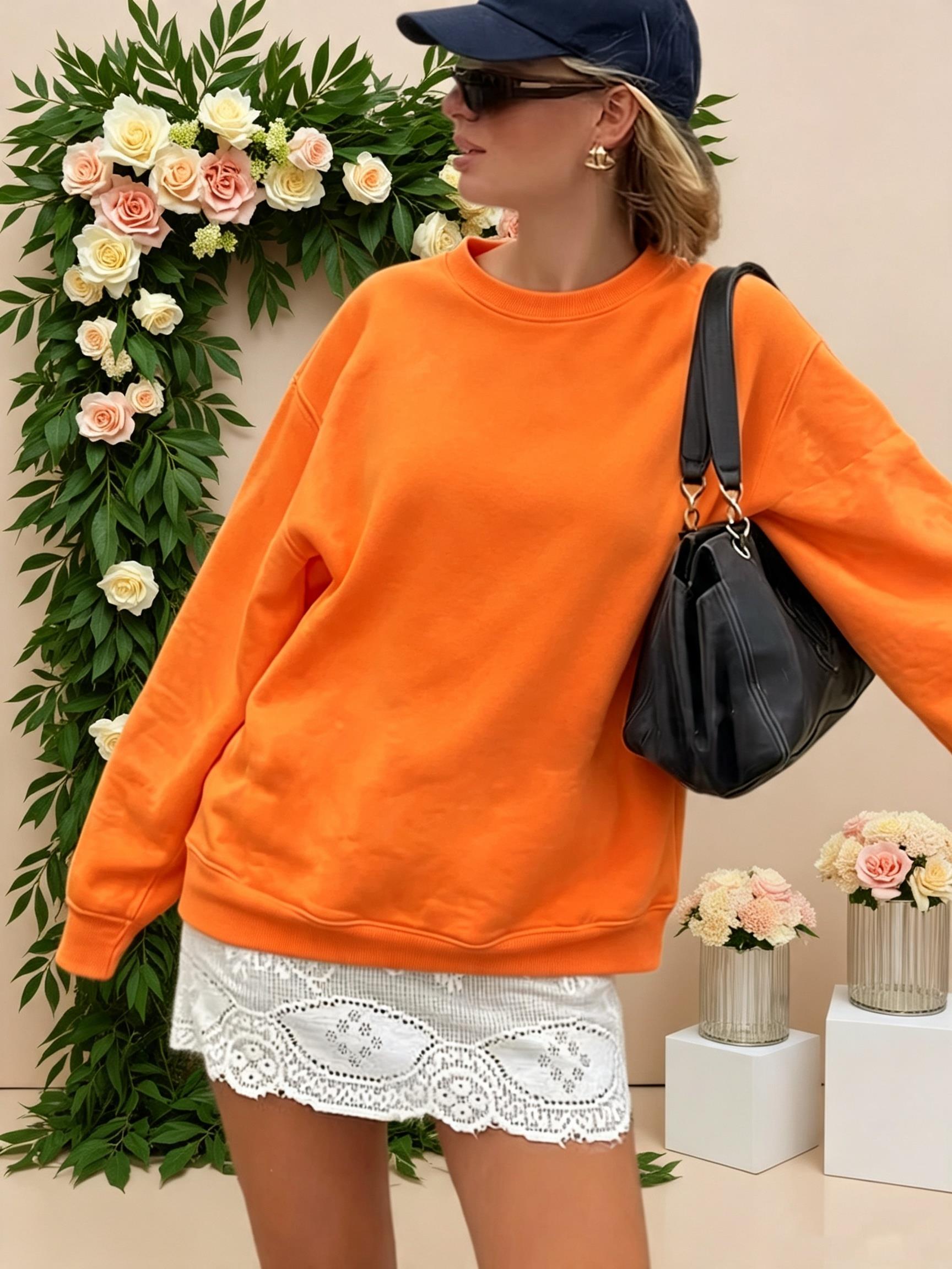 Oversized Crewneck Fleece - Casual Women's Solid Color Pullovers Female